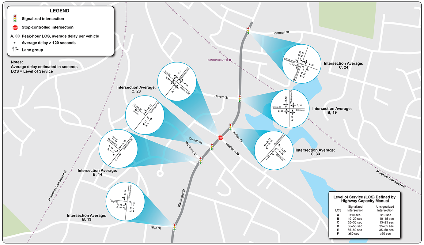 Figure 24: 2030 Saturday ICA, Part 1
A map of the northern half of the Washington Street corridor (between Sherman Street and High Street) is shown on this figure. Seven intersections are highlighted, and the future 2030 Saturday levels of service for each of those intersections are displayed on the map.
Figure 24: 2030 Saturday ICA, Part 1
A map of the northern half of the Washington Street corridor (between Sherman Street and High Street) is shown on this figure. Seven intersections are highlighted, and the future 2030 Saturday levels of service for each of those intersections are displayed on the map.